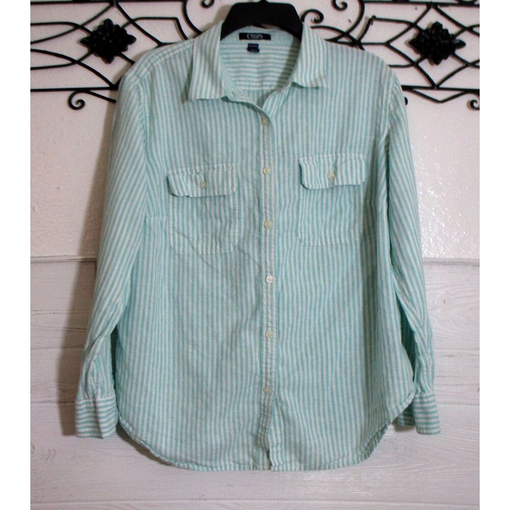 Chaps Button Up Top Women's Size 1X Teal Striped Long Sleeve